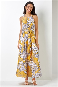Yellow Tropical Leaf Print Maxi Dress