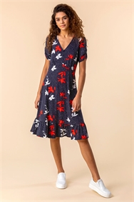 Navy Floral Spot Print Frill Stretch Dress