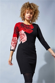 Black Floral Print Knitted Dress