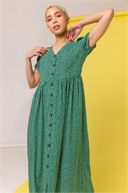 Green Ditsy Spot Button Through Midi Dress