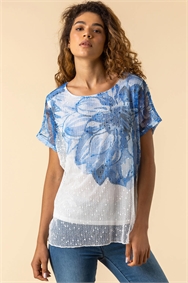 Blue Mesh Overlay Floral Print T-Shirt