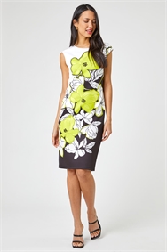 Lime Floral Placement Print Scuba Dress
