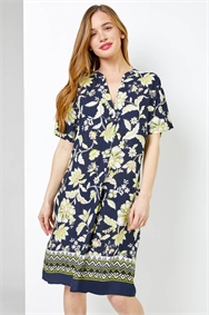 Navy Petite Contrast Floral Print Shirt Dress