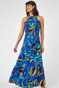 Royal Blue Abstract Halterneck Tiered Maxi Dress