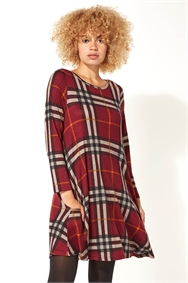 RED Long Sleeve Check Swing Dress