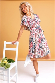 Ivory Floral Frill Sleeve Belted Dress