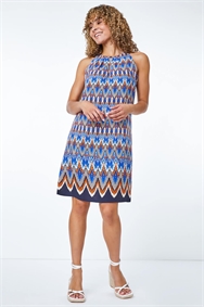 Blue Petite Tribal Print Halterneck Shift Dress