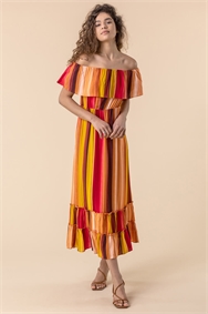 Multi Striped Ruffle Bardot Maxi Dress