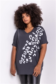 Grey Curve Embellished Animal Print T-Shirt