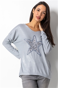 Silver Sequin Star Embellished Sweat Top