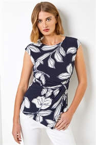 Navy Linear Floral Print Crossover Top