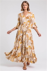 Ivory Leaf Print Frill Detail Maxi Dress 