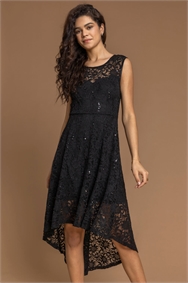 Black Lace Dipped Hem Fit & Flare Dress