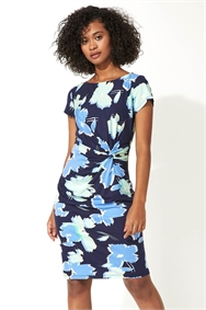 Navy Floral Print Side Twist Dress