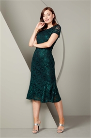 Green Metallic Lace Sequin Midi Dress