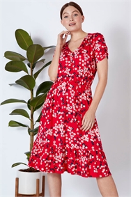 Red Floral Print Tiered Midi Dress 