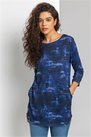 Midnight Blue Abstract Print Pocket Tunic Top