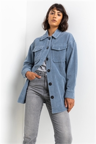 Steel Blue Washed Cord Button Through Shacket