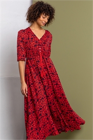 Red Floral Print Shirred Waist Maxi Dress