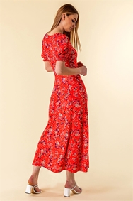 Red Ditsy Floral Ruched Maxi Dress