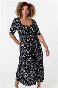 Black Curve Ditsy Spot Print Midi Dress