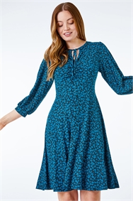 Teal Ditsy Floral Ruched Detail Dress 
