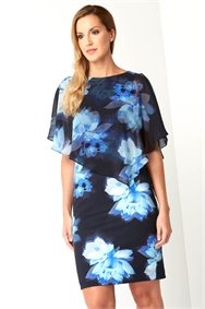 Blue Chiffon Layer Floral Print Scuba Dress