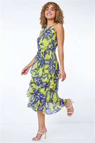 Lime Petite Tiered Tropical Print Midi Dress