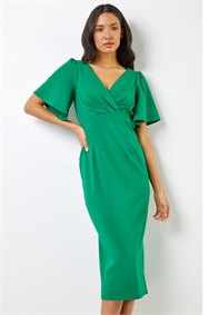 Green Gathered Wrap Front Midi Dress