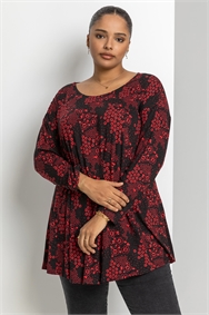 Red Curve Ditsy Floral Jersey Top