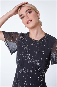Black Star Print Chiffon Midi Dress 