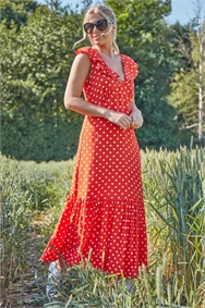 Red Polka Dot Frilly Midi Dress