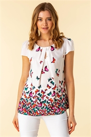 Ivory Keyhole Detail Butterfly Print Top