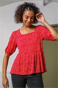 Red Ditsy Floral Peplum Jersey Top