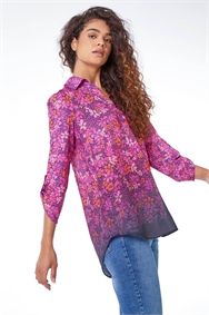 Pink Floral Print Ombre Collared Overshirt