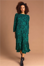 Green Animal Print Tiered Midi Dress