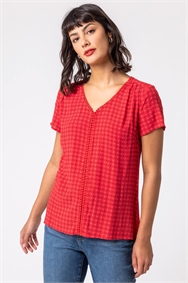 Red Ditsy Embroidered Trim Detail Top