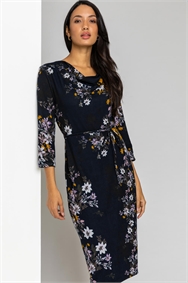 Navy Floral Knitted Cowl Neck Dress