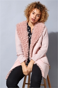 Pink Longline Faux Shearling Knit Coatigan