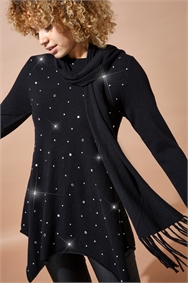 Black Embellished Tunic Jumper with Scarf