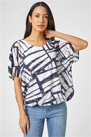 Navy Abstract Print Stretch Jersey Top