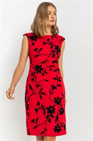 Red Floral Flocked Shimmer Shift Dress