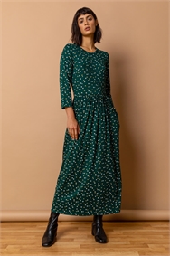 Dark Green Ditsy Floral Print Midi Dress