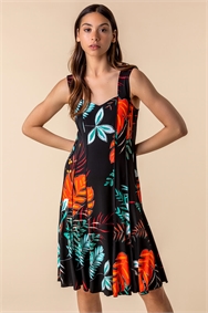 Black Tropical Print Panel Swing Dress