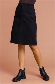 Black A Line Knee Length Denim Skirt