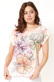 Coral Floral Check Print T-Shirt