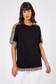 Black Floral Print Contrast Jeresey Top