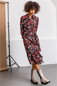 Black Tiered Floral Midi Shirt Dress