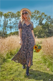 Black Ditsy Floral Ruched Maxi Dress
