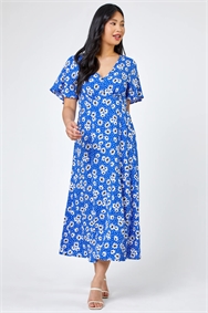 Blue Petite Floral Print Flute Sleeve Dress